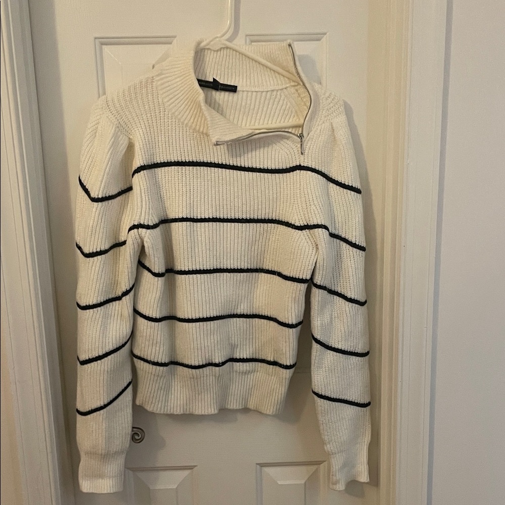 White House Black Market Cream and Black Striped Turtleneck Sweater